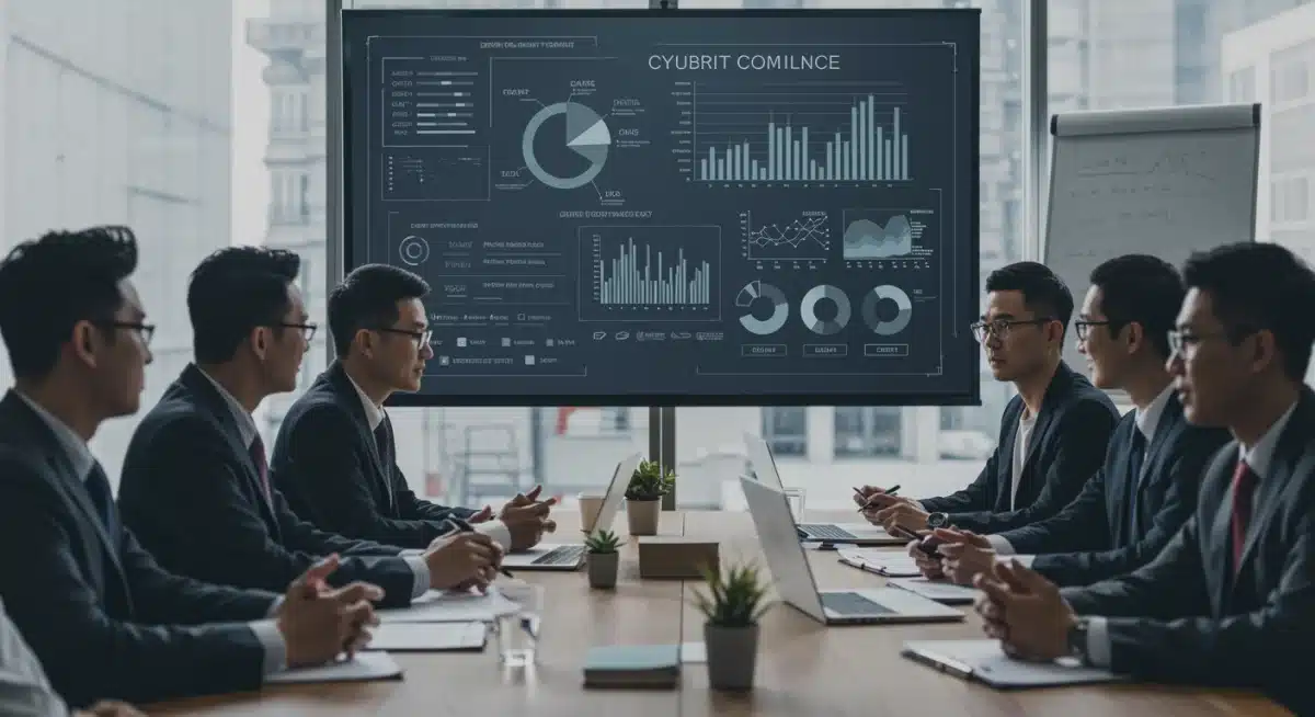 Business professionals discussing cybersecurity compliance in a modern office.