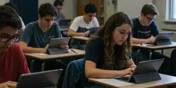 Students preparing for digital SAT ACT 2025 exams on tablets and laptops in a modern classroom.