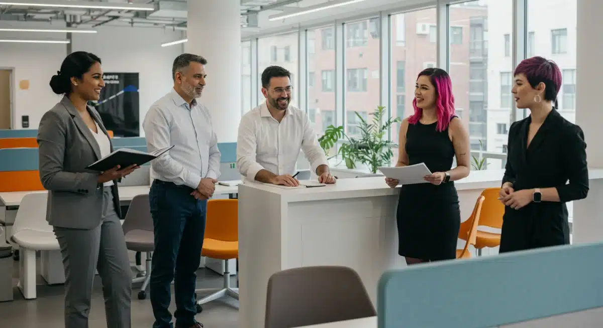 Diverse employees collaborating happily in an open office space