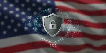 Digital shield protecting a network, representing federal cybersecurity mandates.