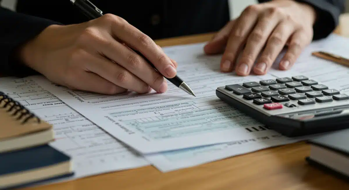 Person meticulously filling out tax forms for education credits