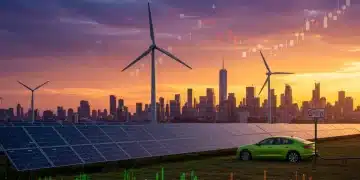 Illustration of green energy investments with solar panels, wind turbines, and financial charts