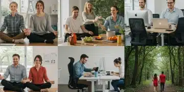 Employees actively participating in diverse wellness programs, including meditation and financial education, in a bright office environment.