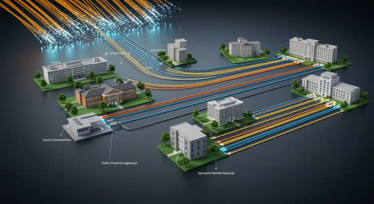 Fiber optic cables connecting schools, hospitals, and government buildings for improved digital access.