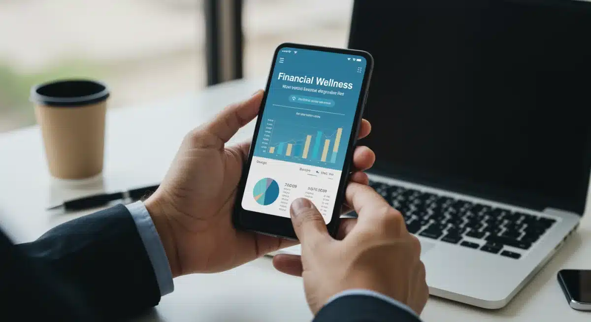 Hands holding a smartphone with a financial wellness app, demonstrating budget tracking and savings in a modern office.