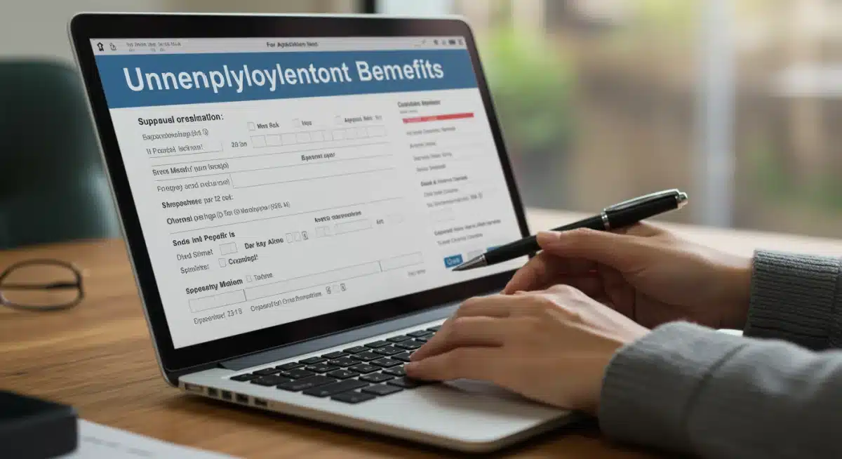 Hands completing an online unemployment benefits application form