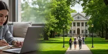Online student studying on laptop contrasted with students on a traditional university campus