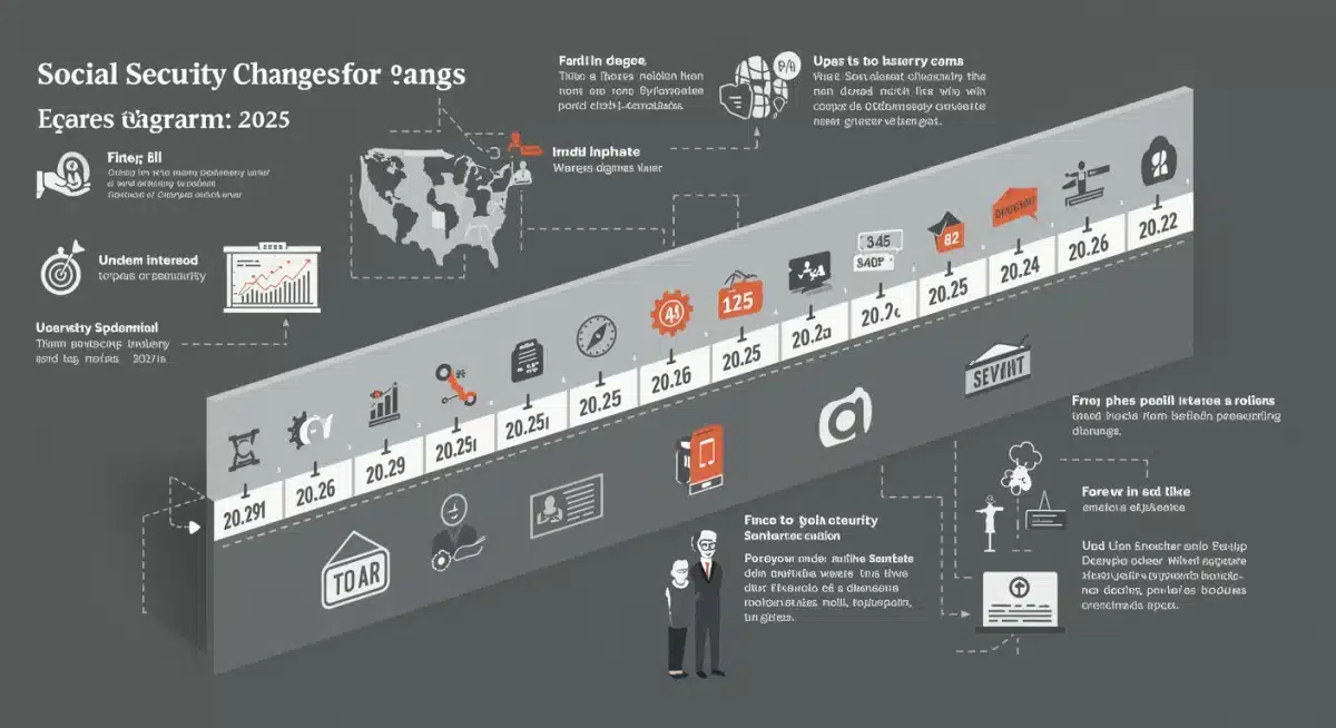 Infographic detailing Social Security changes timeline for 2025, highlighting key dates and policy adjustments