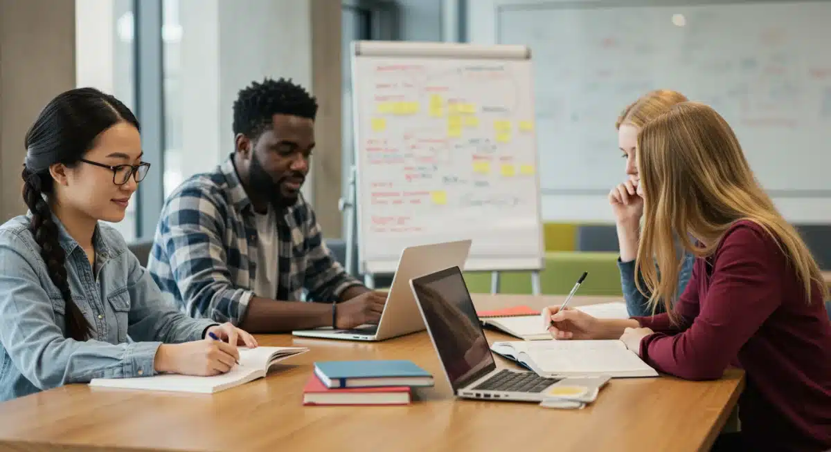 Diverse college students studying together, emphasizing academic collaboration and success.