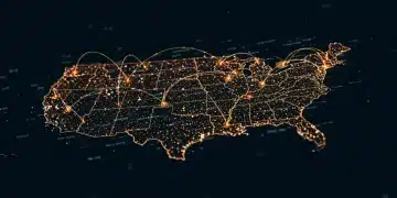 Digital network overlaying US map, symbolizing infrastructure bill's digital transformation investment.