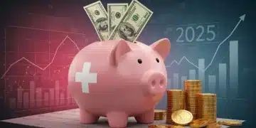 Piggy bank with medical cross symbol, dollar bills, and 2025 calendar, representing maximized healthcare savings.