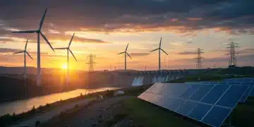 Illustration of diverse renewable energy sources, including wind turbines, solar panels, and hydroelectric power, representing federal budget investment.