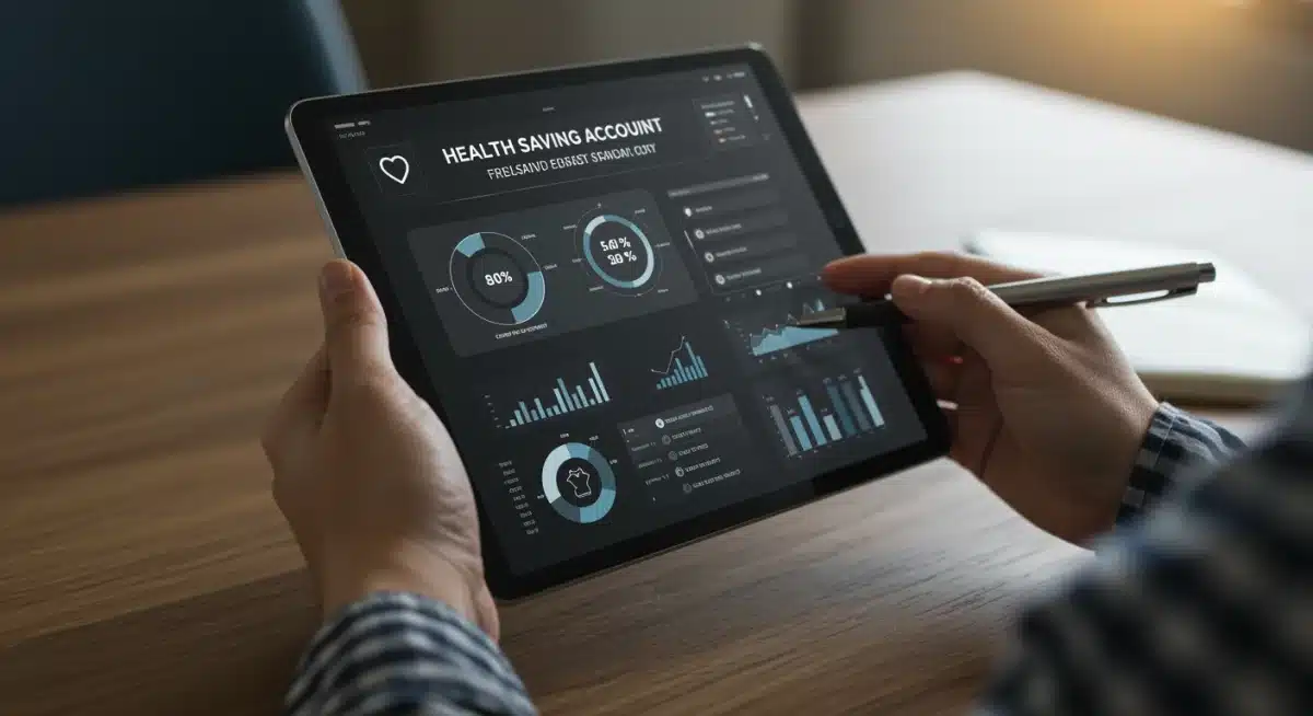 Person reviewing HSA financial dashboard on a tablet, showing contribution limits and investment growth.
