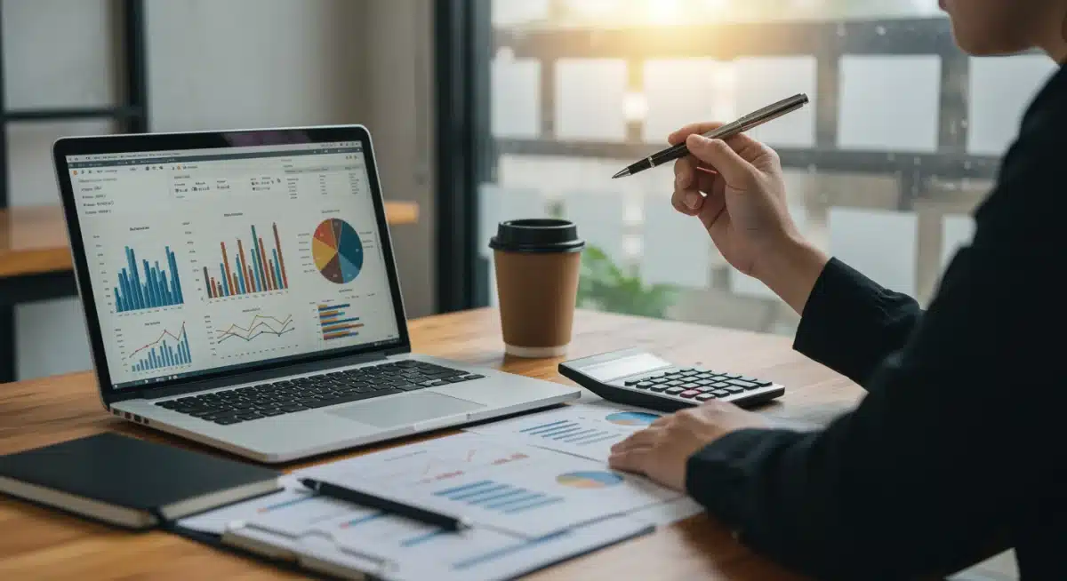 Person analyzing financial data on a laptop, with charts and documents, representing strategic tax planning.