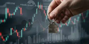 Hand holding house key with financial charts in the background, representing 2026 Fed rate impact on mortgages.