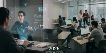 Futuristic online and in-person learning environments in 2026, comparing student engagement