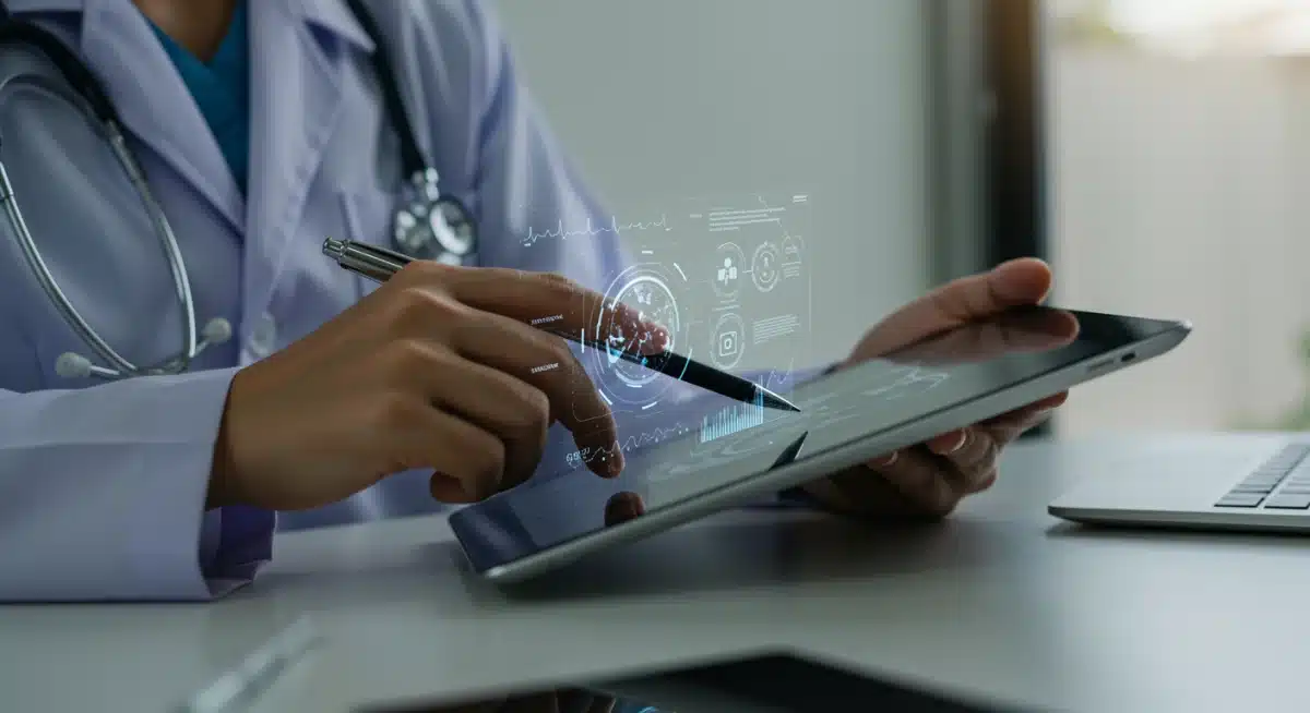 Doctor reviewing AI-enhanced medical scan for improved diagnostics.