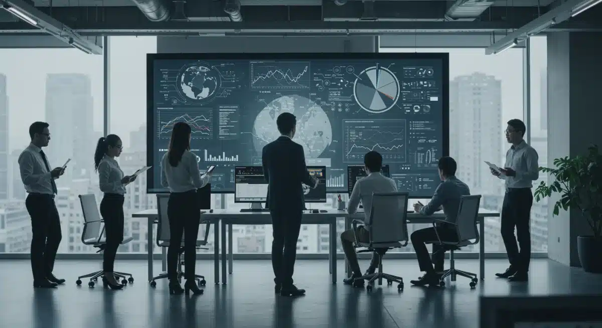 Team of financial experts analyzing complex investment algorithms for robo-advisors