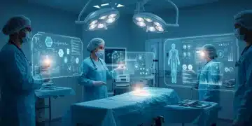 Doctors using AI-powered medical devices in a futuristic operating room, symbolizing healthcare revolution.