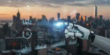 Futuristic financial dashboard with investment charts and robotic hand for robo-advisor services 2026