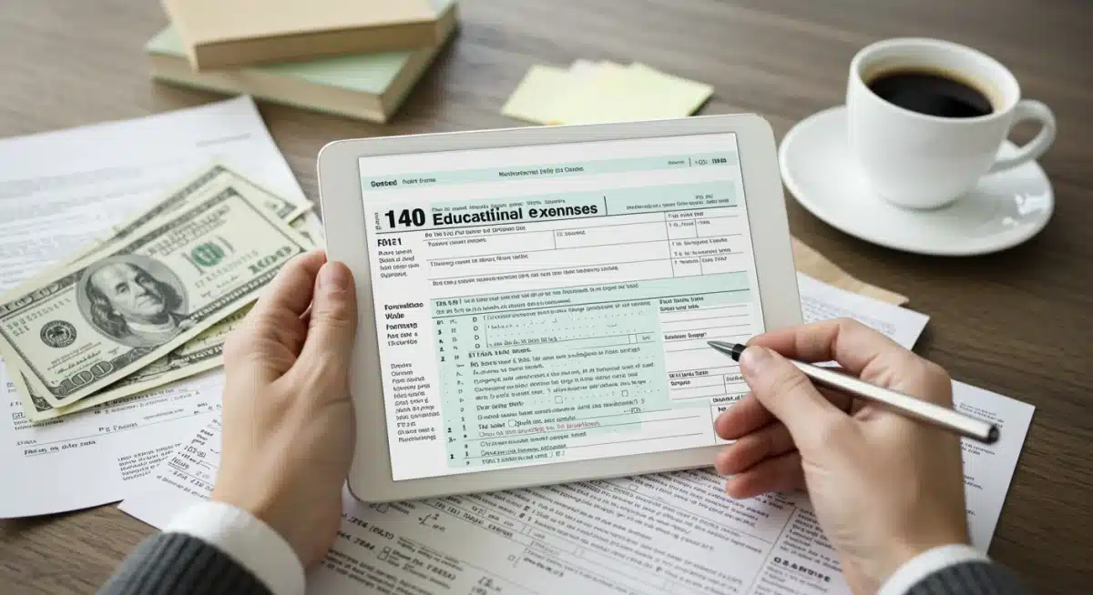Person filling out tax forms for education credits.