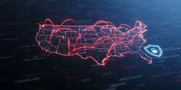 Futuristic digital map of the US under cyber attack with code and shield