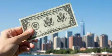 Hand holding US Treasury bond certificate against city skyline