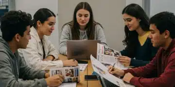 High school seniors planning 2026 college applications with laptops and brochures