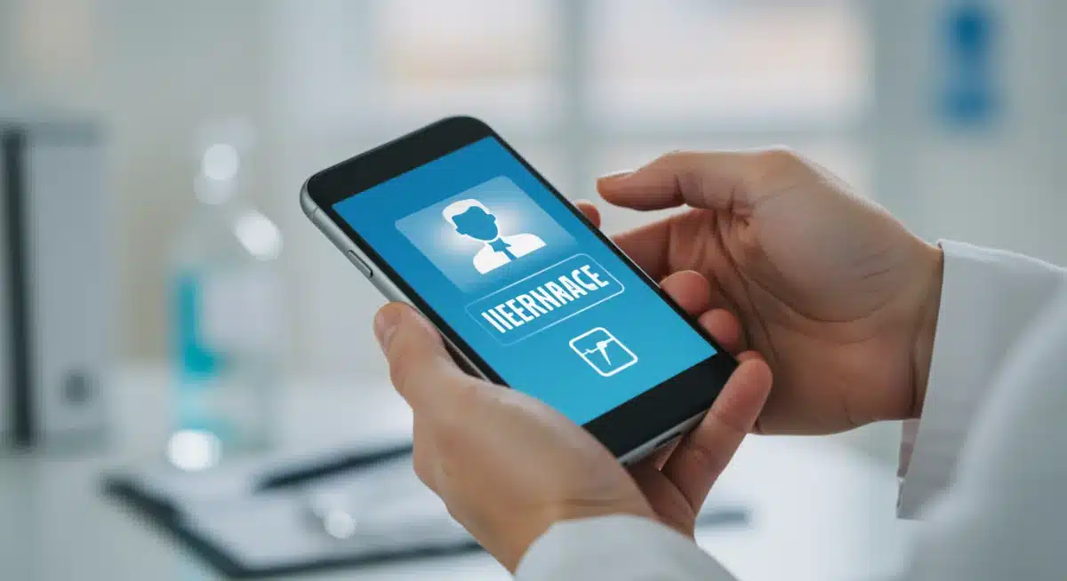 Person holding smartphone with digital health insurance card, emphasizing health benefits.