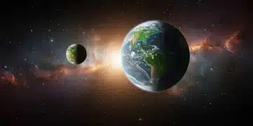 Artistic rendering of two newly discovered exoplanets with potential for life orbiting a distant star.