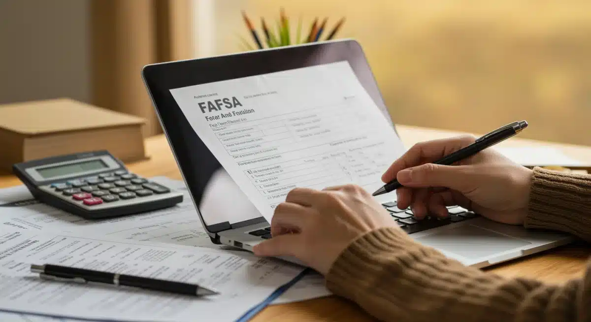 Person filling out FAFSA form on a laptop, focusing on federal education grant application