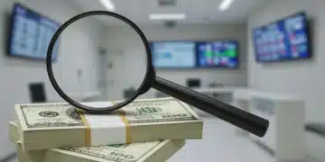 Stack of hundred-dollar bills with magnifying glass, symbolizing high-yield savings growth.