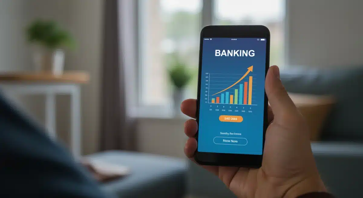 Smartphone displaying banking app with savings growth graph in a home office.
