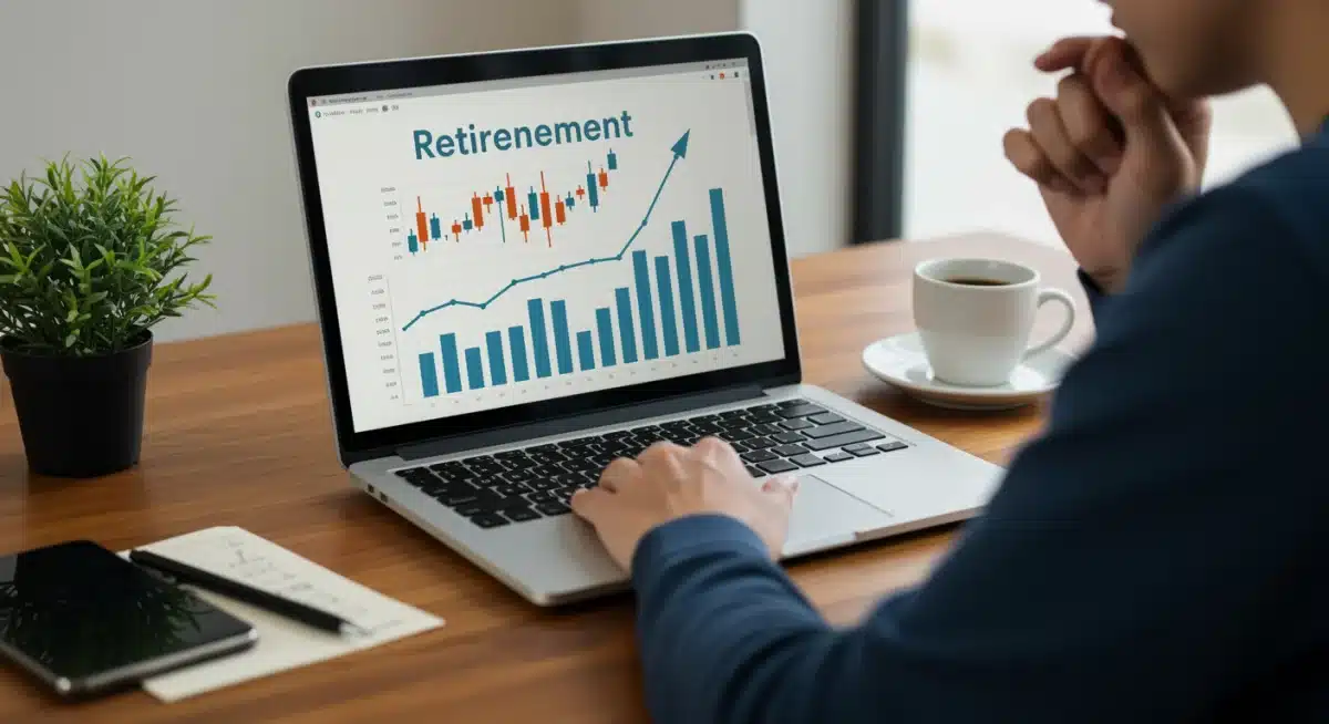 Individual thoughtfully reviewing financial growth chart on laptop, symbolizing retirement planning.
