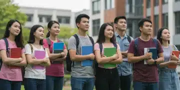 Students contemplating future federal student loan interest rates on a college campus