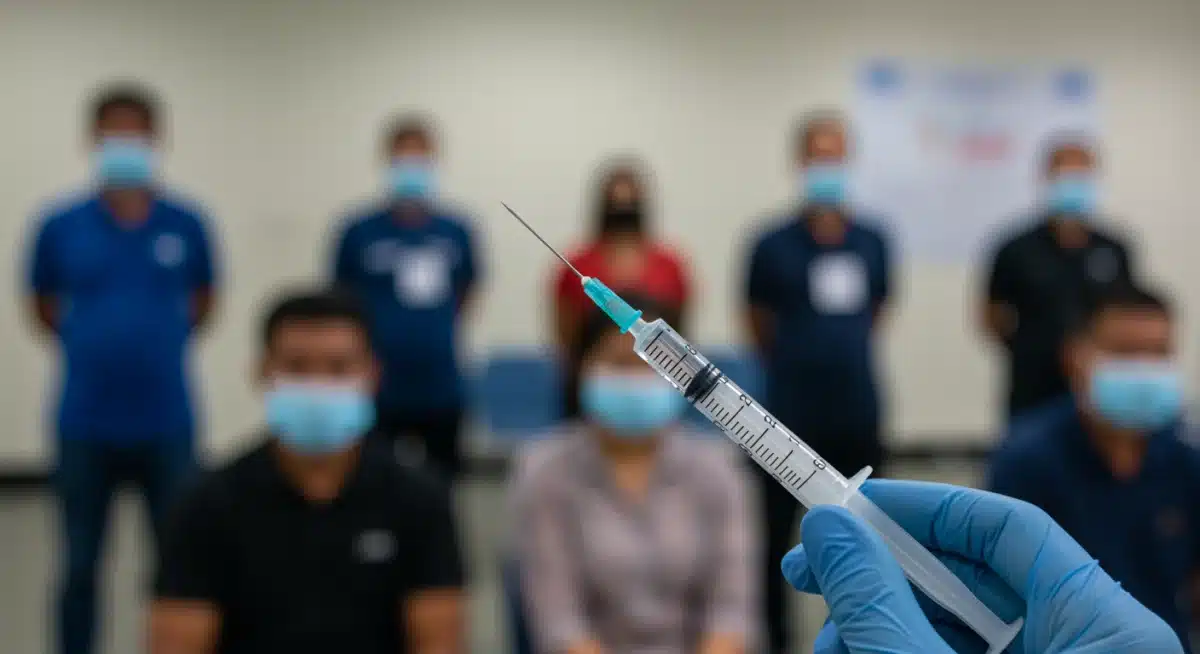 Syringe being prepared in a vaccination clinic, symbolizing the 90% vaccine coverage goal.