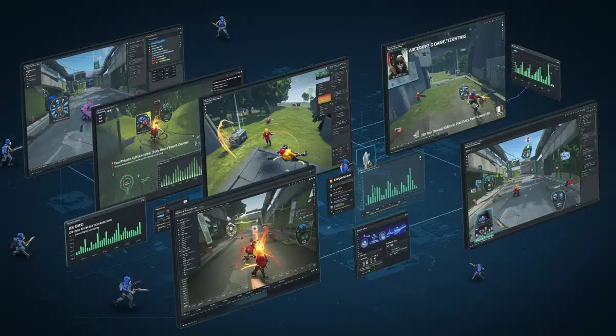 AI agents conducting automated game testing and quality assurance on multiple screens.