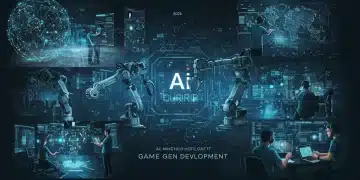Futuristic game development studio with AI interfaces and developers collaborating on 2026 game releases.