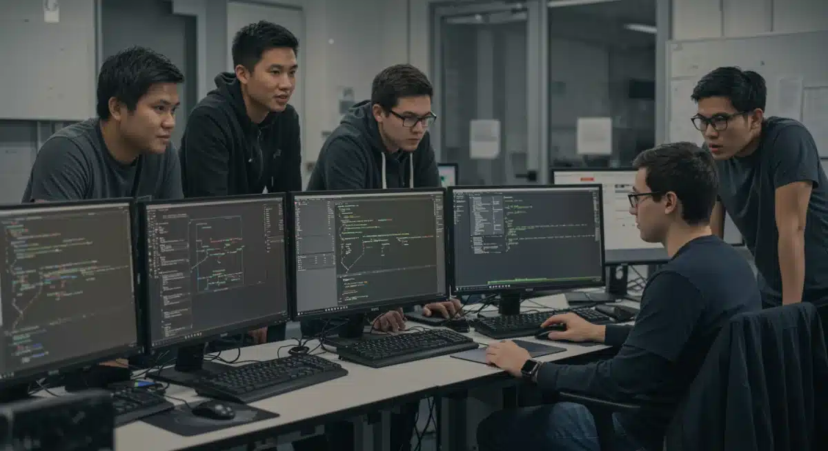 Cybersecurity students analyzing network data in a lab.