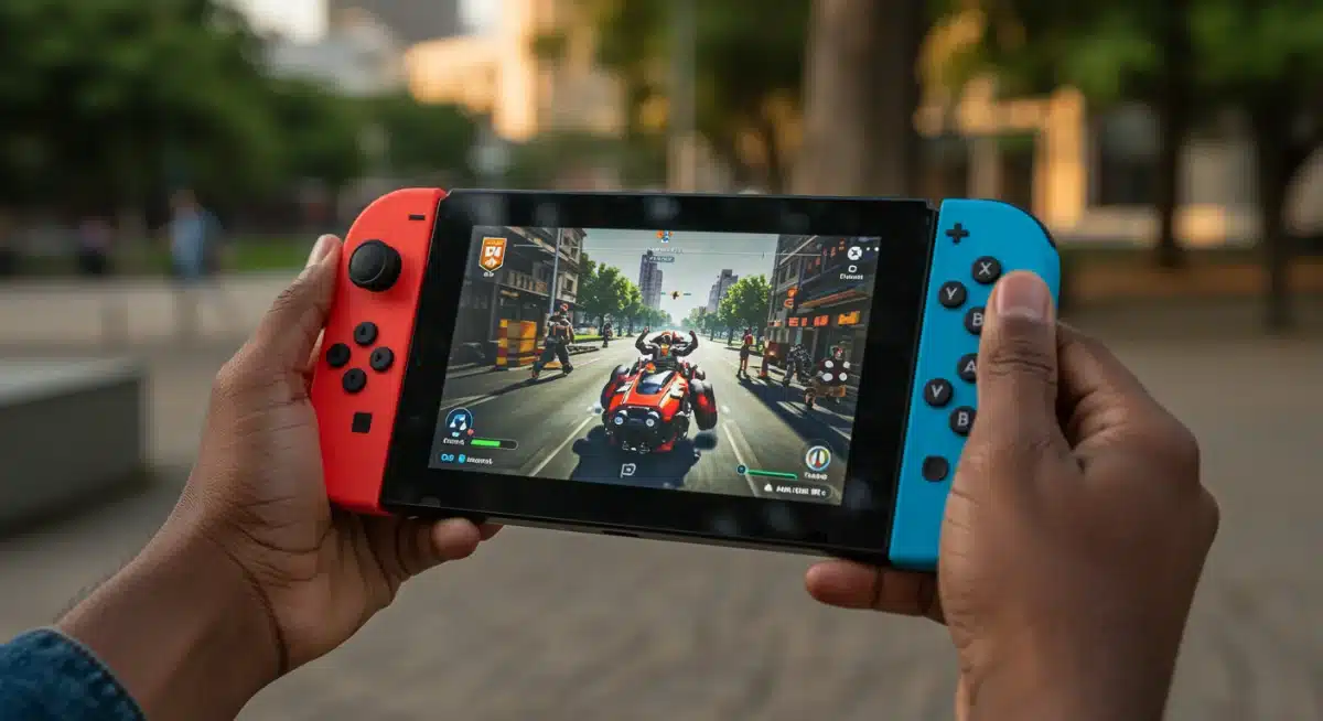 Modern handheld gaming device displaying a game, emphasizing portability.