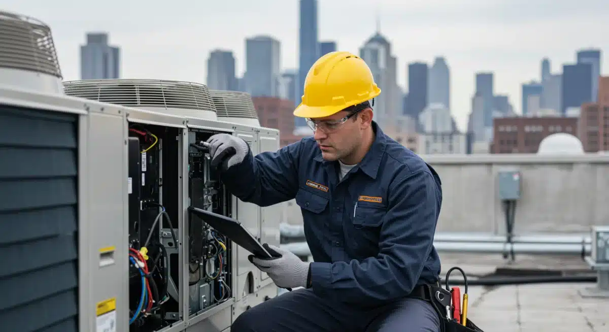 HVAC technician servicing a commercial air conditioning unit.