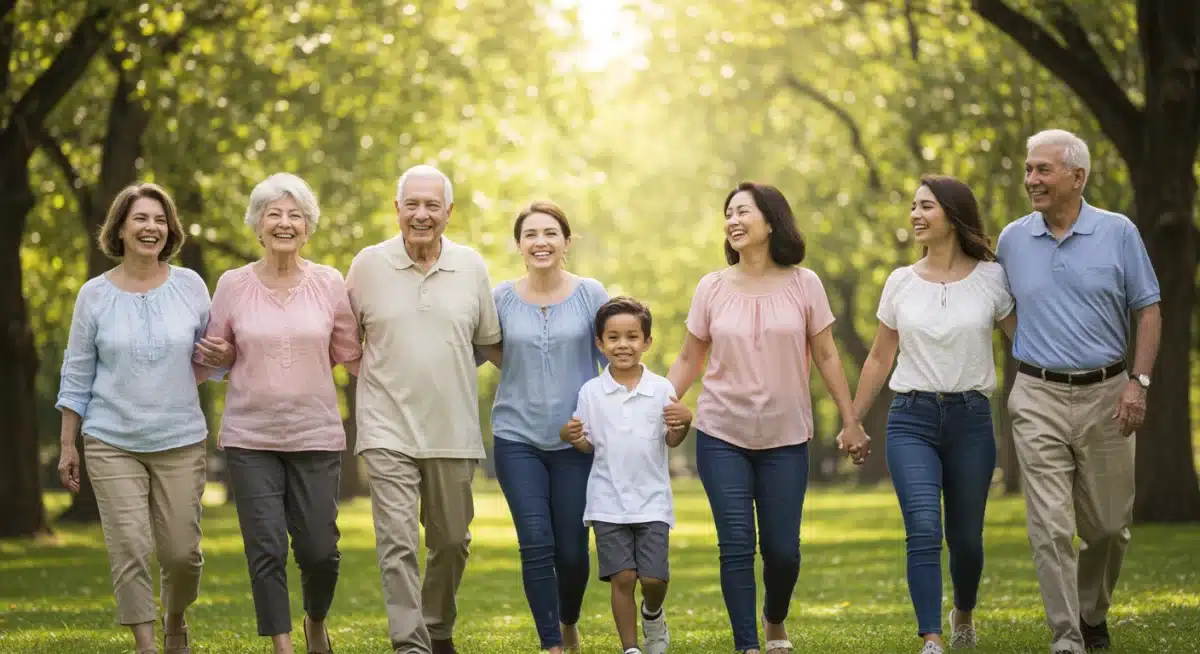 Happy multi-generational family walking in a park, symbolizing legacy.