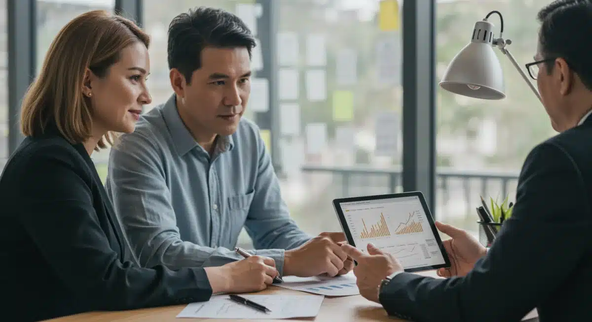 Couple consulting a financial advisor about retirement planning and future investments.
