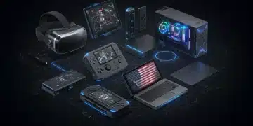 Futuristic gaming hardware, VR headsets, handheld consoles, and gaming PCs, representing the US market growth.