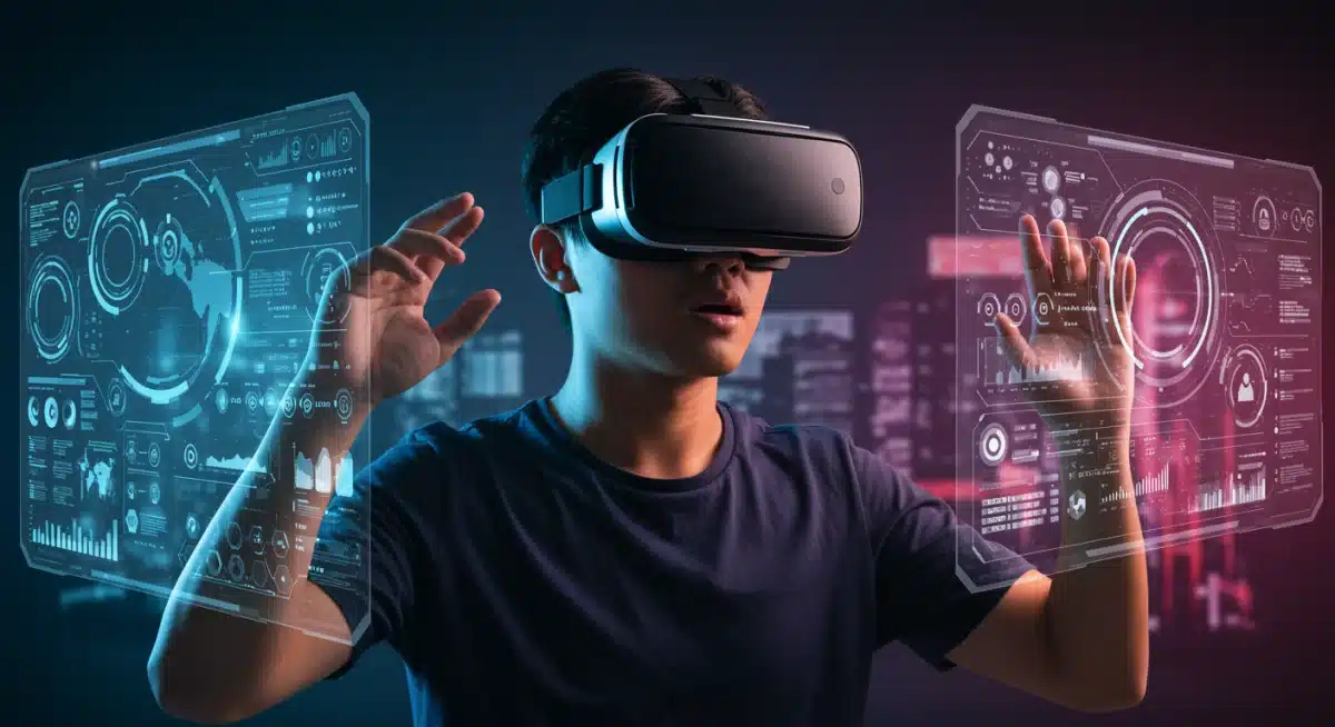 Person immersed in virtual reality gaming with a VR headset.