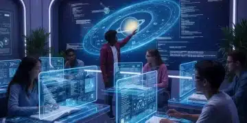 Students using AI-powered learning tools in a modern classroom, future of education 2026.