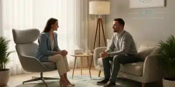 Therapist talking to a client in a modern, comforting counseling room, representing EAP support.