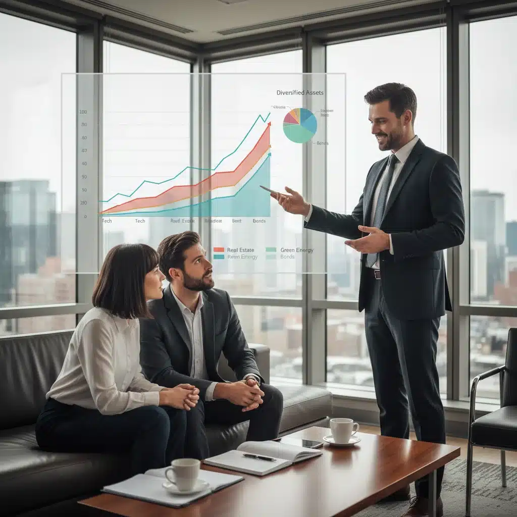 Financial advisor explaining investment strategies to a couple.