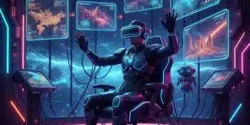 Futuristic gamer in VR headset enjoying immersive gaming experience