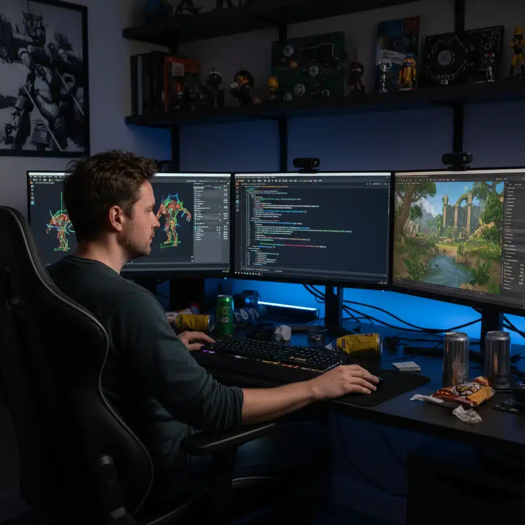 Game developer coding and designing on multiple screens